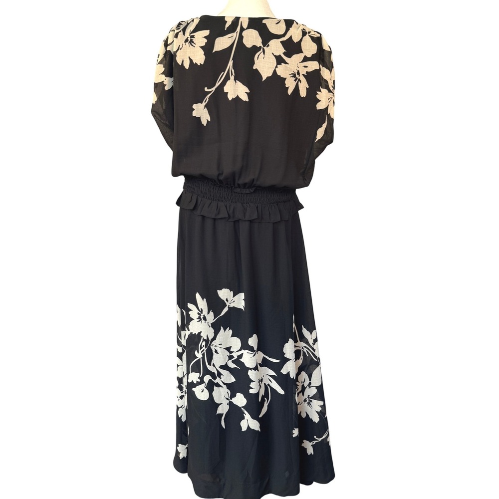 Taylor Womens Black Cream Floral V-Neck Smocked Waist Maxi Dress Cap Sleeve - Picture 6 of 9